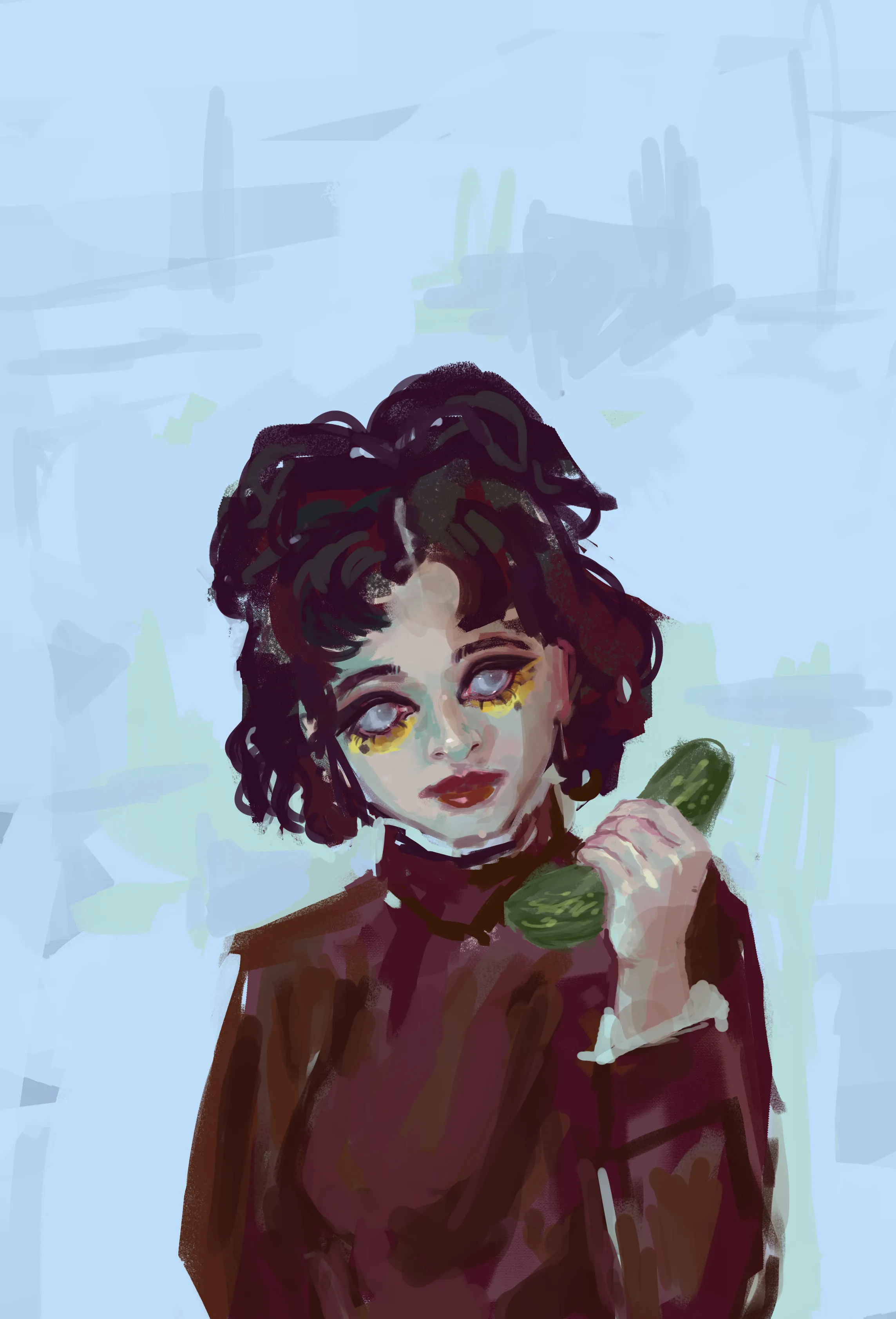 digital painting of a girl with half up, half down hair, holding a cucumber